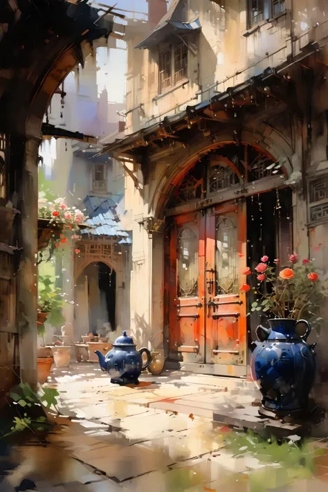 Open Chinese-style carved wooden door with stained glass Windows,a round coffee table,a teapot,several cups,very fine China,hot,outside the courtyard full of flowers,Climbing Roses from the eaves,hanging on both sides of the door,afternoon sunshine,soft light and shadow,light spots,professional photography,Zen composition,from the interior shooting,Depth of Field,
masterpiece,best quality,highly detailed,ultra-fine painting,sharp focus,physically-based rendering,extreme detail description,Professional,UHD,8K,by Alson Skinner Clark,<lora:oil_and_watercolor_painting:1>, oil and watercolor painting,