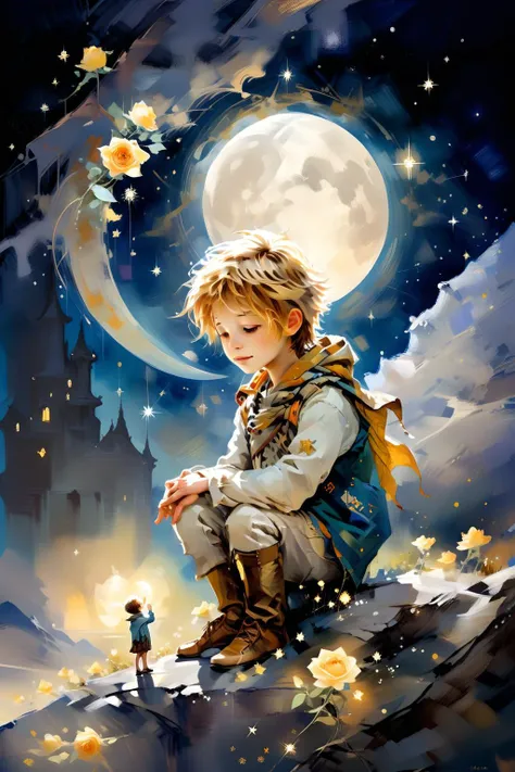 oil and watercolor painting,<lora:oil_and_watercolor_painting:1>,
"The Starry Night of the Little Prince" In this sea of stars,a pair of gentle small hands caress the moon,like caring for the delicate life,the little prince is using his true and sincere dialogue with the stars and the moon. The moonlight blossomed in his palm like the beginning of a dream,leading us into a warm and mysterious world. Every breath of the little prince is full of curiosity and longing for the unknown world,and the stars around him are just as mysterious and dazzling as his inner world. At this time,the little prince and the moon and star light interwoven resonance,played an eternal heart song. The little prince's delicate rose looked at him with her head tilted,