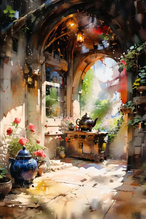 Open Chinese-style carved wooden door with stained glass Windows,a round coffee table,a teapot,several cups,very fine China,hot,outside the courtyard full of flowers,Climbing Roses from the eaves,hanging on both sides of the door,afternoon sunshine,soft light and shadow,light spots,professional photography,Zen composition,from the interior shooting,Depth of Field,
masterpiece,best quality,highly detailed,ultra-fine painting,sharp focus,physically-based rendering,extreme detail description,Professional,UHD,8K,by Alson Skinner Clark,<lora:oil_and_watercolor_painting:1>,oil and watercolor painting,<lora:xl_more_art-full_v1:0.6>,