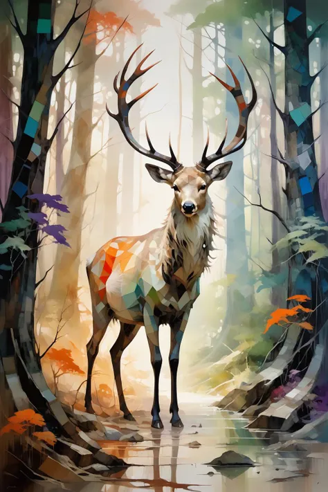 One painting takes the forest as its inspiration,representing the natural landscape of trees and mountains through geometric shapes and strong color contrasts. A variety of colors,including orange,red,purple,blue and green,are used to create an abstract and layered effect. Surrealism,pop art,emphasizes the free expression of color and form rather than the direct representation of reality,a unique aesthetic perspective and the interpretation of natural beauty,by Anne Bachelier,Angela Barrett,(Digital Mosaic:1.2),<lora:oil_and_watercolor_painting:0.5>,oil and watercolor painting,A creature with a deer head,walking in the woods,fantasist art,DMT art,bird,