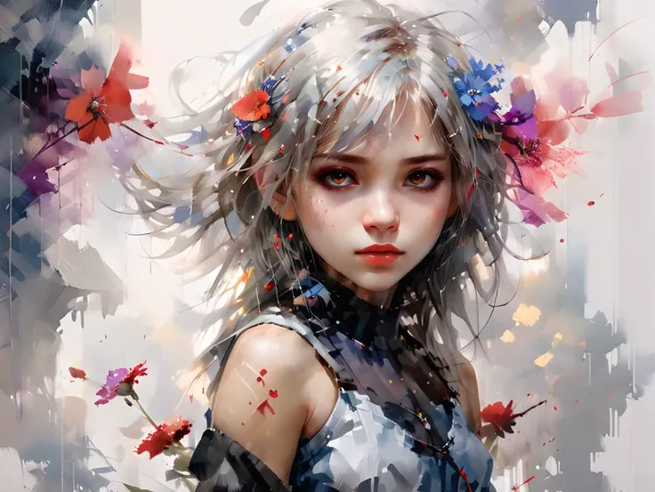Watercolor painting of <lora:oil_and_watercolor_painting:1> oil and watercolor painting, 1girl, (ishida sui: 1.2), (sketch:1), limited palette, red eyes, silver hair, shiny skin,empty eyes, (lips:0.4), (watercolor:0.8), (ink splatter: 1.2), hair flower, (carne griffiths:1.2), red flower,masterpiece, cinematic shadows, deep shadows, intricate details, award winning, beautifully lit,cinematic lighting, ray tracing, dynamic angle, Vibrant, beautiful, painterly, detailed, textural, artistic