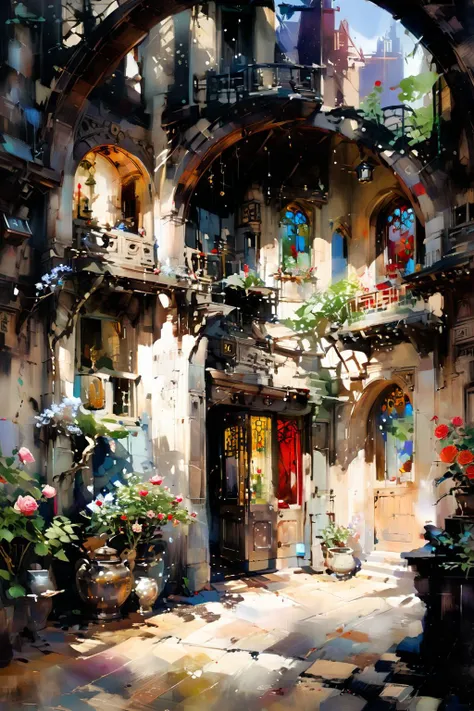 Open Chinese-style carved wooden door with stained glass Windows,a round coffee table,a teapot,several cups,very fine China,hot,outside the courtyard full of flowers,Climbing Roses from the eaves,hanging on both sides of the door,afternoon sunshine,soft light and shadow,light spots,professional photography,Zen composition,from the interior shooting,Depth of Field,
masterpiece,best quality,highly detailed,ultra-fine painting,sharp focus,physically-based rendering,extreme detail description,Professional,UHD,8K,by Alson Skinner Clark,<lora:oil_and_watercolor_painting:1>,oil and watercolor painting,<lora:xl_more_art-full_v1:0.6>,