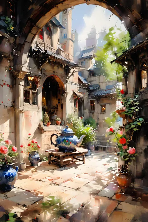 Open Chinese-style carved wooden door with stained glass Windows,a round coffee table,a teapot,several cups,very fine China,hot,outside the courtyard full of flowers,(Climbing Roses from the eaves:1.2),hanging on both sides of the door,afternoon sunshine,soft light and shadow,light spots,professional photography,Zen composition,from the interior shooting,Depth of Field,
masterpiece,best quality,highly detailed,ultra-fine painting,sharp focus,physically-based rendering,extreme detail description,Professional,UHD,8K,by Alson Skinner Clark,<lora:oil_and_watercolor_painting:0.9>,oil and watercolor painting,<lora:xl_more_art-full_v1:0.6>,