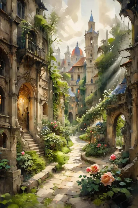 (tilt-shift photography:1.5),letitflrsh,<lora:- SDXL - letitflrsh_let_it_flourish_V1.0:1>,(masterpiece, best quality, highly detailed, intricate),a walkway in a garden with lots of green plants and trees on either side of it,(Climbing rose:1.2),lush,blooming,unimaginable beauty,Florence Engelbach,tone mapping,a flemish Baroque,german romanticism,cinematic composition,beautiful lighting,<lora:ParchartXL-1.5:0.7>,ON PARCHMENT,INK ILLUSTRATION,<lora:oil_and_watercolor_painting:0.9>, oil and watercolor painting,