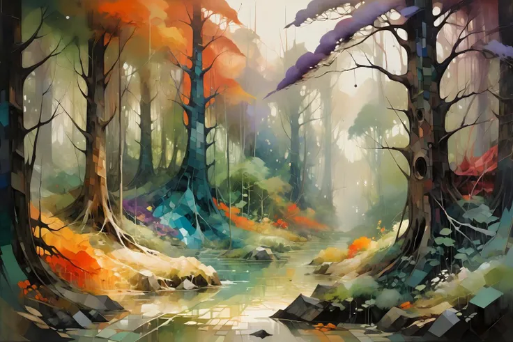 One painting takes the forest as its inspiration,representing the natural landscape of trees and mountains through geometric shapes and strong color contrasts. A variety of colors,including orange,red,purple,blue and green,are used to create an abstract and layered effect. Surrealism,pop art,emphasizes the free expression of color and form rather than the direct representation of reality,a unique aesthetic perspective and the interpretation of natural beauty,by Anne Bachelier,Angela Barrett,(Digital Mosaic:1.2),<lora:oil_and_watercolor_painting:0.6>, oil and watercolor painting,