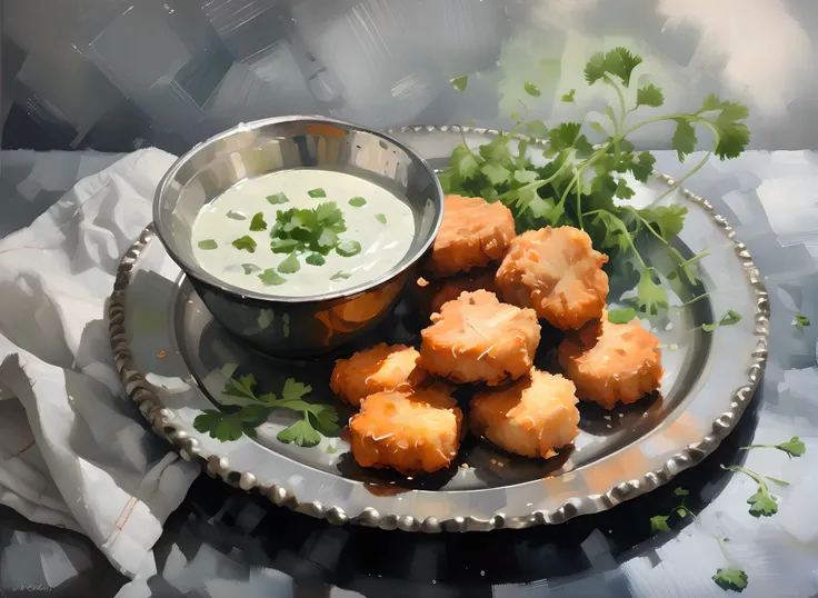 Oil painting of chicken nuggets on a silver plate topped of cilantro. A side of ranch dipping sauce. <lora:oil_and_watercolor_painting:0.8> oil and watercolor painting