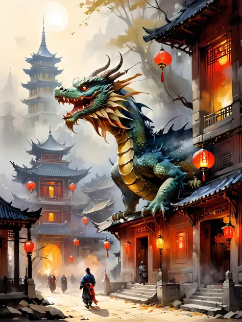 Watercolor painting of original, (masterpiece), oil and watercolor painting, illustration, extremely fine and beautiful, (extremely detailed:1.15), (beautiful and clear background:1.25), (depth of field:0.7), (legendary asia dragon:1.35), long body, (golden and white eye:0.9), (Red and yellow scales: 1.25), (in front of the temple1.25), ((building doors with Fai Chun)), ((Lunar New Year atmosphere)), Chinese red lanterns, Early in the morning, (close-up:0.35), tree, china,(mountain:0.9),(fantasy:0.85), beautiful detailed glow, (fog:0.9), traditional chinese painting, (Chinese wind:1.1) <lora:oil_and_watercolor_painting:0.8> , Vibrant, beautiful, painterly, detailed, textural, artistic, (SFW)