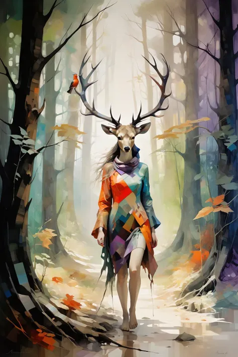 One painting takes the forest as its inspiration,representing the natural landscape of trees and mountains through geometric shapes and strong color contrasts. A variety of colors,including orange,red,purple,blue and green,are used to create an abstract and layered effect. Surrealism,pop art,emphasizes the free expression of color and form rather than the direct representation of reality,a unique aesthetic perspective and the interpretation of natural beauty,by Anne Bachelier,Angela Barrett,(Digital Mosaic:1.2),<lora:oil_and_watercolor_painting:0.5>,oil and watercolor painting,A creature with a deer head,walking in the woods,fantasist art,DMT art,bird,