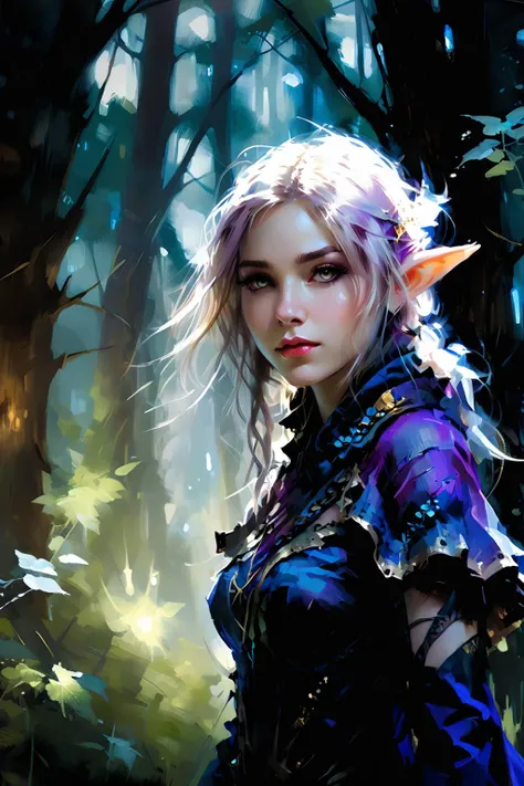 bioluminescent purple Elf,unimaginable beauty,fabulous night forest,magical radiance,Concept art,depth of field,Raw photo,cinematic lighting,soft shadows,sharp focus,fractal art,colorful,depth of field,best quality,16k resolution,vivid colors,volumetric lighting,Intricate costumes,extreme details,gorgeous beauty,elegance,ethereal,
medium_shot,by Anne Bachelier,Nicola Samori,Wendy Froud,Yoann Lossel,<lora:oil_and_watercolor_painting:0.9>, oil and watercolor painting,