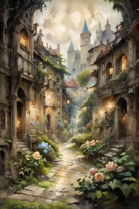 (tilt-shift photography:1.5),letitflrsh,<lora:- SDXL - letitflrsh_let_it_flourish_V1.0:1>,(masterpiece, best quality, highly detailed, intricate),a walkway in a garden with lots of green plants and trees on either side of it,(Climbing rose:1.2),Hydrangea,fragrant plantain lily,lush,blooming,unimaginable beauty,Florence Engelbach,tone mapping,a flemish Baroque,german romanticism,cinematic composition,beautiful lighting,<lora:ParchartXL-1.5:0.7>,ON PARCHMENT,INK ILLUSTRATION,<lora:oil_and_watercolor_painting:0.9>,oil and watercolor painting,
