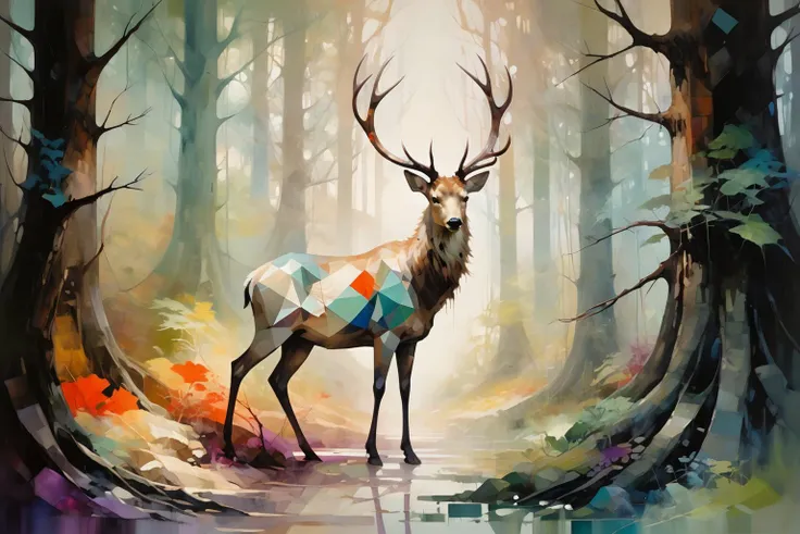 One painting takes the forest as its inspiration,representing the natural landscape of trees and mountains through geometric shapes and strong color contrasts. A variety of colors,including orange,red,purple,blue and green,are used to create an abstract and layered effect. Surrealism,pop art,emphasizes the free expression of color and form rather than the direct representation of reality,a unique aesthetic perspective and the interpretation of natural beauty,by Anne Bachelier,Angela Barrett,(Digital Mosaic:1.2),<lora:oil_and_watercolor_painting:0.5>,oil and watercolor painting,A creature with a deer head,walking in the woods,fantasist art,DMT art,