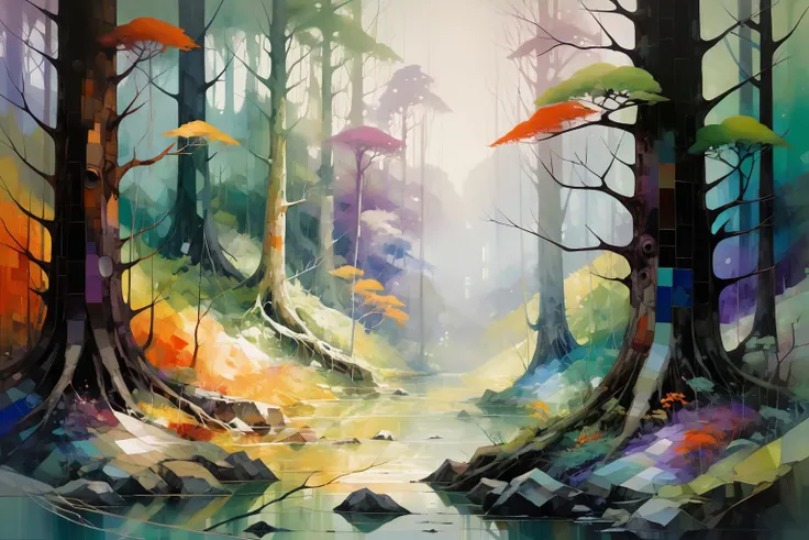 One painting takes the forest as its inspiration,representing the natural landscape of trees and mountains through geometric shapes and strong color contrasts. A variety of colors,including orange,red,purple,blue and green,are used to create an abstract and layered effect. Surrealism,pop art,emphasizes the free expression of color and form rather than the direct representation of reality,a unique aesthetic perspective and the interpretation of natural beauty,by Anne Bachelier,Angela Barrett,(Digital Mosaic:1.2),<lora:oil_and_watercolor_painting:0.5>, oil and watercolor painting,