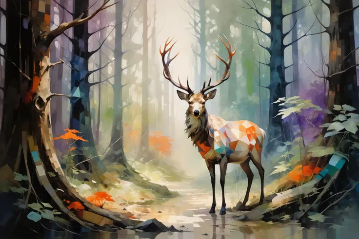 One painting takes the forest as its inspiration,representing the natural landscape of trees and mountains through geometric shapes and strong color contrasts. A variety of colors,including orange,red,purple,blue and green,are used to create an abstract and layered effect. Surrealism,pop art,emphasizes the free expression of color and form rather than the direct representation of reality,a unique aesthetic perspective and the interpretation of natural beauty,by Anne Bachelier,Angela Barrett,(Digital Mosaic:1.2),<lora:oil_and_watercolor_painting:0.5>,oil and watercolor painting,A creature with a deer head,walking in the woods,fantasist art,DMT art,