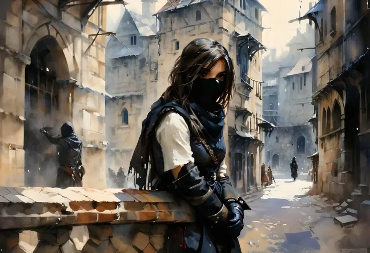 (head turned away from camera:1.5), view down fantasy medieval street, female rogue leaning against wall, arms crossed, (wearing black gloves:1.5), masked with black scarf, looking around wall down the street, in medieval clothing, dark assassin clothing, rogue clothing, detailed face, detailed clothing, crowded medieval street out of focus, (people in crowd are bareheaded:1.5), background out of focus, photograph of, high quality, ultra realistic, <lora:oil_and_watercolor_painting:0.8>, oil and watercolor painting style
