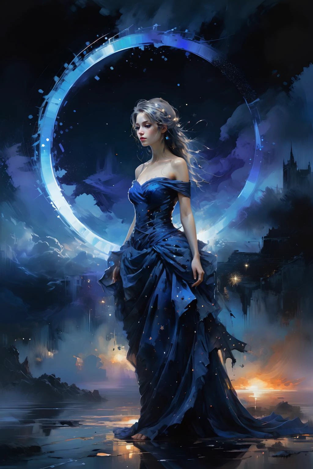 Dream Scenery,<lora:Dream Scenery XL:1>,Conceptual art,digital art,by Anne Bachelier,a glowing neon-colored circle,
A woman wearing a blue long dress with her hair up is standing in the background of a dark blue night sky. Her long dress is decorated with dots of stars,which seem to be the reflection of stars in the night sky. Mystery and romance,starry sky,universe and endless imagination space,realistic and abstract,dreamy and surrealistic,the use of colors is very unique. The dark blue background forms a harmonious unity with the female blue dress,but also highlights the female image,the embellishment of stars adds a hint of vitality and vitality to the picture,making the whole picture more vivid and interesting,unique creativity and exquisite painting,mysterious,romantic and surreal atmosphere,full of imagination,<lora:oil_and_watercolor_painting:0.6>, oil and watercolor painting,