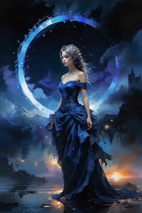 Dream Scenery,<lora:Dream Scenery XL:1>,Conceptual art,digital art,by Anne Bachelier,a glowing neon-colored circle,
A woman wearing a blue long dress with her hair up is standing in the background of a dark blue night sky. Her long dress is decorated with dots of stars,which seem to be the reflection of stars in the night sky. Mystery and romance,starry sky,universe and endless imagination space,realistic and abstract,dreamy and surrealistic,the use of colors is very unique. The dark blue background forms a harmonious unity with the female blue dress,but also highlights the female image,the embellishment of stars adds a hint of vitality and vitality to the picture,making the whole picture more vivid and interesting,unique creativity and exquisite painting,mysterious,romantic and surreal atmosphere,full of imagination,<lora:oil_and_watercolor_painting:0.6>, oil and watercolor painting,