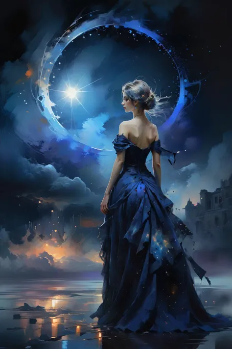 Dream Scenery,<lora:Dream Scenery XL:1>,Conceptual art,digital art,by Anne Bachelier,a glowing neon-colored circle,
A woman wearing a blue long dress with her hair up is standing in the background of a dark blue night sky. Her long dress is decorated with dots of stars,which seem to be the reflection of stars in the night sky. Mystery and romance,starry sky,universe and endless imagination space,realistic and abstract,dreamy and surrealistic,the use of colors is very unique. The dark blue background forms a harmonious unity with the female blue dress,but also highlights the female image,the embellishment of stars adds a hint of vitality and vitality to the picture,making the whole picture more vivid and interesting,unique creativity and exquisite painting,mysterious,romantic and surreal atmosphere,full of imagination,<lora:oil_and_watercolor_painting:0.6>, oil and watercolor painting,