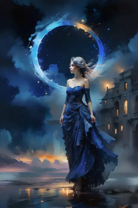 Dream Scenery,<lora:Dream Scenery XL:1>,Conceptual art,digital art,by Anne Bachelier,a glowing neon-colored circle,
A woman wearing a blue long dress with her hair up is standing in the background of a dark blue night sky. Her long dress is decorated with dots of stars,which seem to be the reflection of stars in the night sky. Mystery and romance,starry sky,universe and endless imagination space,realistic and abstract,dreamy and surrealistic,the use of colors is very unique. The dark blue background forms a harmonious unity with the female blue dress,but also highlights the female image,the embellishment of stars adds a hint of vitality and vitality to the picture,making the whole picture more vivid and interesting,unique creativity and exquisite painting,mysterious,romantic and surreal atmosphere,full of imagination,<lora:oil_and_watercolor_painting:0.6>, oil and watercolor painting,