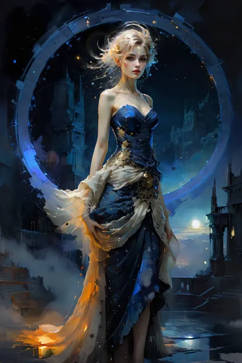 FUTSCRIBE,TECHNICAL SKETCH,<lora:futscribe:1>,Dream Scenery,<lora:Dream Scenery XL:1>,Conceptual art,digital art,by Anne Bachelier,a glowing neon-colored circle,
A woman wearing a ivory long dress,Gold texture,Ornate And Intricate,with her hair up is standing in the background of a dark blue night sky. Her long dress is decorated with dots of stars,which seem to be the reflection of stars in the night sky. Mystery and romance,starry sky,universe and endless imagination space,realistic and abstract,dreamy and surrealistic,the use of colors is very unique. The dark blue background forms a harmonious unity with the female blue dress,but also highlights the female image,the embellishment of stars adds a hint of vitality and vitality to the picture,making the whole picture more vivid and interesting,unique creativity and exquisite painting,mysterious,romantic and surreal atmosphere,full of imagination,<lora:oil_and_watercolor_painting:0.6>,oil and watercolor painting,