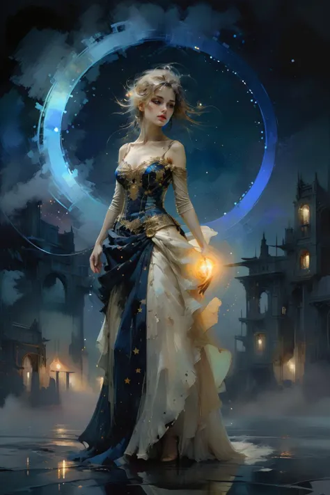 FUTSCRIBE,TECHNICAL SKETCH,<lora:futscribe:1>,Dream Scenery,<lora:Dream Scenery XL:1>,Conceptual art,digital art,by Anne Bachelier,a glowing neon-colored circle,
A woman wearing a ivory long dress,Gold texture,Ornate And Intricate,with her hair up is standing in the background of a dark blue night sky. Her long dress is decorated with dots of stars,which seem to be the reflection of stars in the night sky. Mystery and romance,starry sky,universe and endless imagination space,realistic and abstract,dreamy and surrealistic,the use of colors is very unique. The dark blue background forms a harmonious unity with the female blue dress,but also highlights the female image,the embellishment of stars adds a hint of vitality and vitality to the picture,making the whole picture more vivid and interesting,unique creativity and exquisite painting,mysterious,romantic and surreal atmosphere,full of imagination,<lora:oil_and_watercolor_painting:0.6>,oil and watercolor painting,