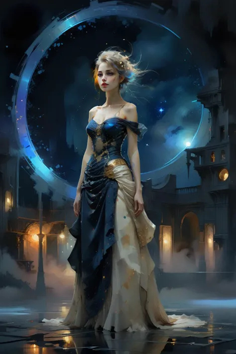 FUTSCRIBE,TECHNICAL SKETCH,<lora:futscribe:1>,Dream Scenery,<lora:Dream Scenery XL:1>,Conceptual art,digital art,by Anne Bachelier,a glowing neon-colored circle,
A woman wearing a ivory long dress,Gold texture,Ornate And Intricate,with her hair up is standing in the background of a dark blue night sky. Her long dress is decorated with dots of stars,which seem to be the reflection of stars in the night sky. Mystery and romance,starry sky,universe and endless imagination space,realistic and abstract,dreamy and surrealistic,the use of colors is very unique. The dark blue background forms a harmonious unity with the female blue dress,but also highlights the female image,the embellishment of stars adds a hint of vitality and vitality to the picture,making the whole picture more vivid and interesting,unique creativity and exquisite painting,mysterious,romantic and surreal atmosphere,full of imagination,<lora:oil_and_watercolor_painting:0.6>,oil and watercolor painting,