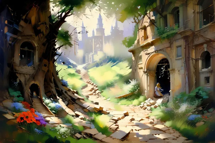 A fantastical scene in a dilapidated interior where a window is replaced by a huge opening that leads to a rocky tunnel flanked by trees and flowers forming a (tree-lined path:1.3), and where shelves and books are placed, suggesting an abandoned library or study. Scenes from fairy tales, rich imagination and creativity, quiet and mysterious, fantasy, fantasy style, ethereal, elegant, aesthetic,by Peder Mork Monsted,Eugène Girardet,Edward Seago,<lora:ç»ç»ææ³\oil_and_watercolor_painting>,oil and watercolor,