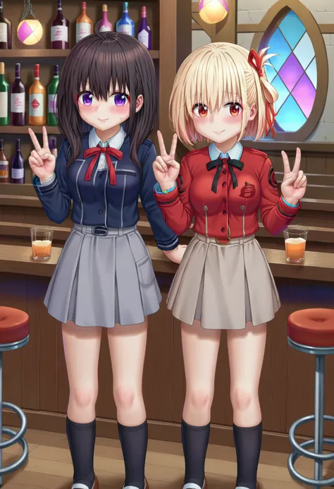 score_9, source_anime, by aki99, best quality, masterpiece, uncensored
BREAK
inoue takina, nishikigi chisato, 2girls, double v, bar (place), black hair, black shirt, black socks, blonde hair, blush, grey skirt, hair ribbon, indoors, kneehighs, long hair, long sleeves, purple eyes, red eyes, red ribbon, red shirt, ribbon, shirt, short hair, skirt, socks, standing, stool, shy, smile
<lora:aki99_pony_v3:1> <lora:Smooth Anime Style LoRA XL:0.7>