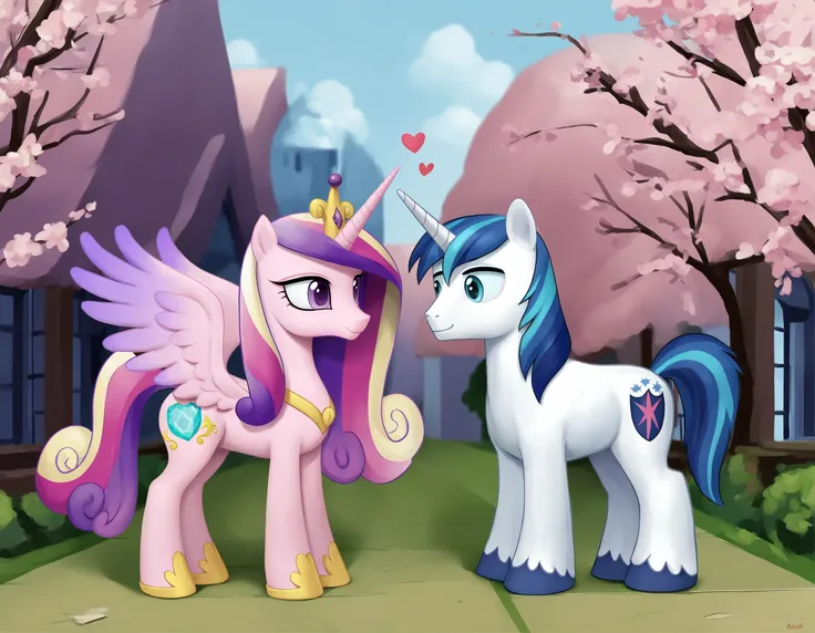 score_9, score_8_up, score_7_up, score_6_up, score_5_up, score_4_up, source_anime, (by aki99), best quality, masterpiece, uncensored, rating_safe BREAK (duo), feral alicorn pony princess cadance, shining armor, looking at each other, horns crossed, floating heart, loving <lora:aki99_pony_v3-000012:1>