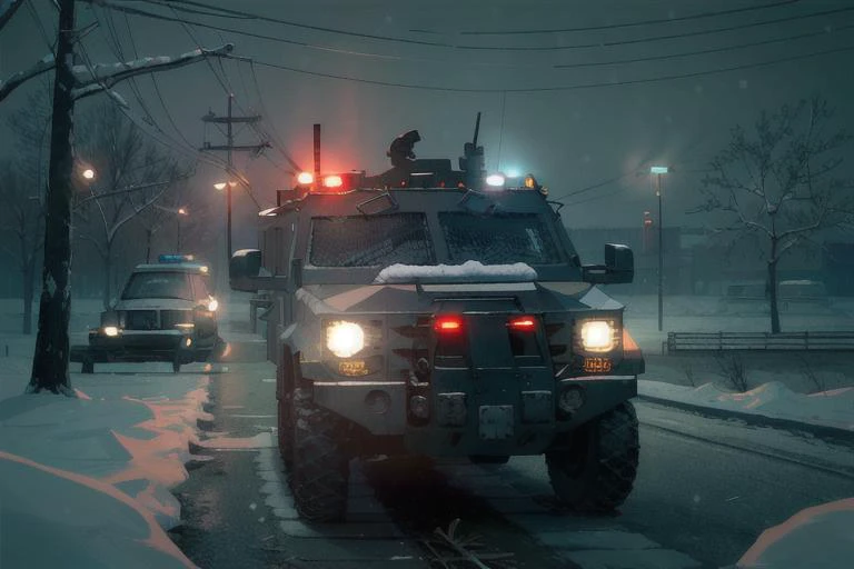 analog gloomy photo of a SWAT armored car, <lora:sw4tb34rc4t:1>, ((zombie apocalypse:0.6)), ((surrounded by crows:1.0)), (living dead), (winter), (snow), (horror ), ((nighttime)), a deserted city, ruins, abandoned buildings, High Detail, Sharp focus, (photorealism), realistic, best quality, 8k, award winning, dramatic lighting, epic, cinematic, masterpiece, rim light, ambient fog:1.3, dutch angle, depth of field,