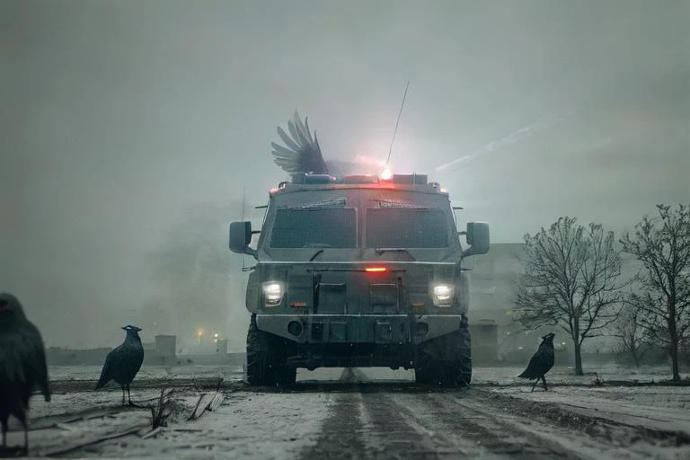 analog gloomy photo of a SWAT armored car, <lora:sw4tb34rc4t:1>, ((zombie apocalypse:0.6)), ((surrounded by crows:1.0)), (living dead), (winter), (snow), (horror ), ((nighttime)), a deserted city, ruins, abandoned buildings, High Detail, Sharp focus, (photorealism), realistic, best quality, 8k, award winning, dramatic lighting, epic, cinematic, masterpiece, rim light, ambient fog:1.3, dutch angle, depth of field,