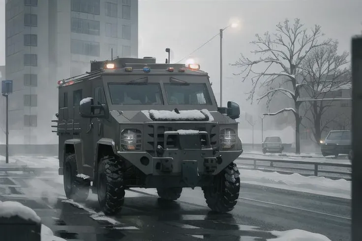 analog gloomy photo of a SWAT armored car, <lora:sw4tb34rc4t:1>, ((zombie apocalypse:0.5)), ((surrounded by crows:0.7)), (living dead), (winter), (snow), (horror ), ((nighttime)), a deserted city, ruins, abandoned buildings, High Detail, Sharp focus, (photorealism), realistic, best quality, 8k, award winning, dramatic lighting, epic, cinematic, masterpiece, rim light, ambient fog:1.2, dutch angle, depth of field,