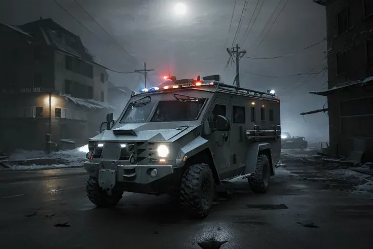 analog gloomy photo of a SWAT armored car,  <lora:sw4tb34rc4t:1>, ((zombie apocalypse:0.5)), ((surrounded by crows:0.7)), (living dead), (winter), (snow), (horror movie), ((nighttime)), a deserted city, ruins, abandoned buildings, High Detail, Sharp focus, (photorealism), realistic, best quality, 8k, award winning, dramatic lighting, epic, cinematic, masterpiece, rim light, ambient fog:1.2, dutch angle, depth of field,