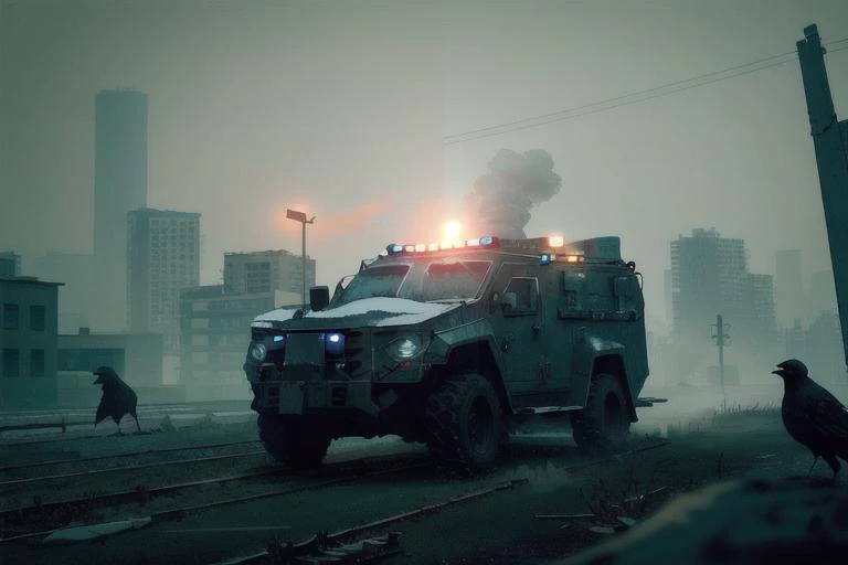 analog gloomy photo of a SWAT armored car, <lora:sw4tb34rc4t:1>, ((zombie apocalypse:0.6)), ((surrounded by crows:1.0)), (living dead), (winter), (snow), (horror ), ((nighttime)), a deserted city, ruins, abandoned buildings, High Detail, Sharp focus, (photorealism), realistic, best quality, 8k, award winning, dramatic lighting, epic, cinematic, masterpiece, rim light, ambient fog:1.3, dutch angle, depth of field,