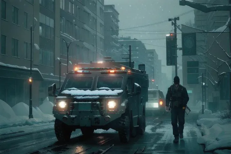 analog gloomy photo of a SWAT armored car, <lora:sw4tb34rc4t:1>, ((zombie apocalypse:0.6)), ((surrounded by crows:1.0)), (living dead), (winter), (snow), (horror ), ((nighttime)), a deserted city, ruins, abandoned buildings, High Detail, Sharp focus, (photorealism), realistic, best quality, 8k, award winning, dramatic lighting, epic, cinematic, masterpiece, rim light, ambient fog:1.3, dutch angle, depth of field,