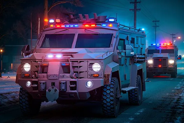 analog gloomy photo of a SWAT armored car, <lora:sw4tb34rc4t:1>, (at night), ((zombie apocalypse:0.6)), (crows), (living dead), (winter), (snow), (horror ), ((nighttime)), midnight, a deserted city, ruins, abandoned buildings, High Detail, Sharp focus, (photorealism), realistic, best quality, 8k, award winning, dramatic lighting, epic, cinematic, masterpiece, rim light, ambient fog:1.3, dutch angle, depth of field,