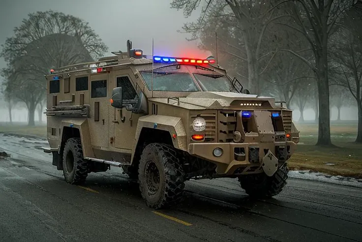 analog gloomy photo of a SWAT armored car, <lora:sw4tb34rc4t:1>, (at night), ((zombie apocalypse:0.6)), (crows), (living dead), (winter), (snow), (horror ), ((nighttime)), midnight, a deserted city, ruins, abandoned buildings, High Detail, Sharp focus, (photorealism), realistic, best quality, 8k, award winning, dramatic lighting, epic, cinematic, masterpiece, rim light, ambient fog:1.3, dutch angle, depth of field,