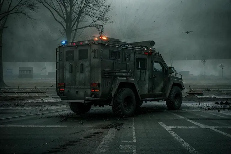 analog gloomy photo of a SWAT armored car, <lora:sw4tb34rc4t:1>, rear view, ((zombie apocalypse:1.2)), ((surrounded by crows:1.0)), (living dead), (winter), (snow), (horror movie), ((nighttime)), a deserted city, ruins, abandoned buildings, High Detail, Sharp focus, (photorealism), realistic, best quality, 8k, award winning, dramatic lighting, epic, cinematic, masterpiece, rim light, ambient fog:1.2, dutch angle, depth of field,