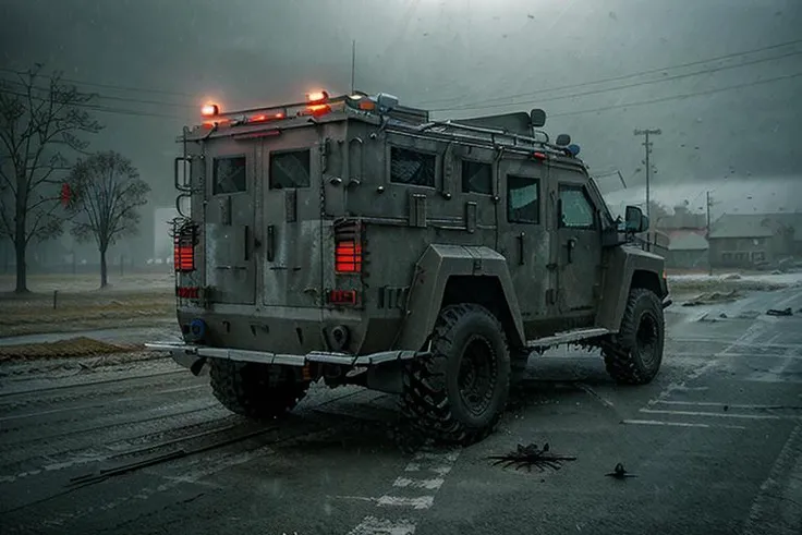 analog gloomy photo of a SWAT lenco bearcat armored car, <lora:sw4tb34rc4t:1>, rear view, ((zombie apocalypse:1.2)), ((surrounded by crows:1.0)), (living dead), ((winter)), ((snow)), (horror movie), ((nighttime)), a deserted city, ruins, abandoned buildings, High Detail, Sharp focus, (photorealism), realistic, best quality, 8k, award winning, dramatic lighting, epic, cinematic, masterpiece, rim light, ambient fog:1.2, dutch angle, depth of field,