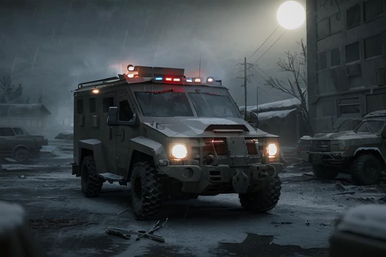analog gloomy photo of a SWAT armored car, <lora:sw4tb34rc4t:1>, ((zombie apocalypse:0.5)), ((surrounded by crows:0.7)), (living dead), (winter), (snow), (horror movie), ((nighttime)), a deserted city, ruins, abandoned buildings, High Detail, Sharp focus, (photorealism), realistic, best quality, 8k, award winning, dramatic lighting, epic, cinematic, masterpiece, rim light, ambient fog:1.2, dutch angle, depth of field,