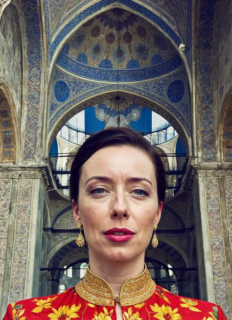 portrait of sks woman in Istanbul, at the Blue Mosque, by Flora Borsi, style by Flora Borsi, bold, bright colours, ((Flora Borsi)), by Andreas Gursky, <lora:locon_mollyparker_v1_from_v1_64_32:1>