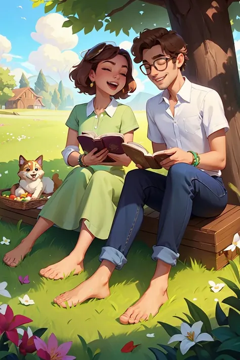 fantasyArt,  1girl, book, 1boy, dress, jewelry, barefoot, brown hair, dark skin, earrings, smile, grass, outdoors, hetero, flower, sitting, shirt, pants, green eyes, picnic, green dress, food, eyewear on head, dark-skinned female, sunglasses, dog, open book, day, couple, sky, closed eyes, bird, tree, open mouth, denim, holding book, teeth, bracelet, white shirt, fence, animal, jeans, looking at another, picnic basket, holding, short hair, collared shirt, petals, curly hair, fruit  <lora:ouka_illustration:0.6>