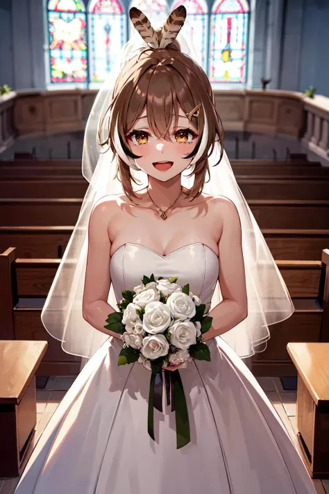 masterpiece, best quality, highres, aamumei, very long hair, ponytail, ahoge, multicolored hair, feather hair ornament, hairclip, <lora:nanashi_mumei_v1:0.8>, wedding dress, bridal veil, holding bouquet, church, smile, open mouth, tears,