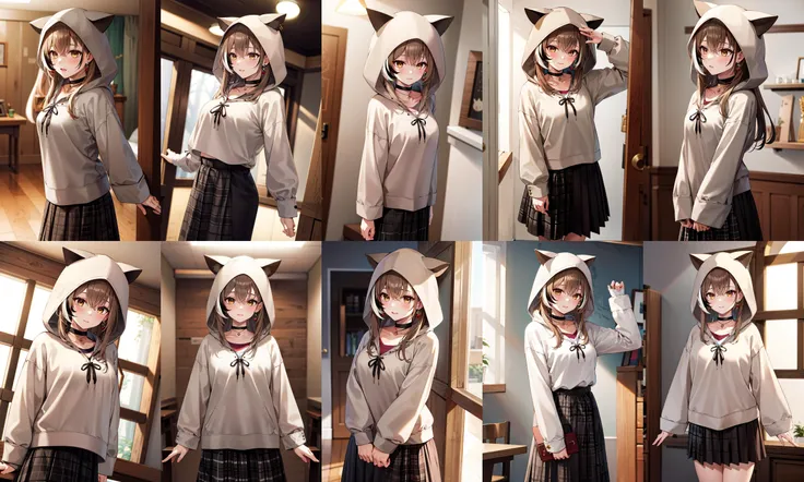 masterpiece, best quality, highres, bbmumei, long hair, multicolored hair, jewelry, earrings, shirt, hoodie, long sleeves, plaid, black choker, black skirt, long skirt, animal ears, hood up, <lora:nanashi_mumei_v1:0.9>, cowboy shot, standing, room, arms at sides,
