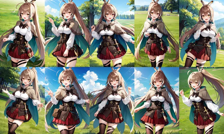 masterpiece, best quality, highres, aamumei, very long hair, ponytail, ahoge, multicolored hair, feather hair ornament, hairclip, white shirt, brown corset, dagger, belt, red skirt, thigh strap, single kneehigh, single thighhighs, brown cloak, cape, capelet, brown bow, <lora:nanashi_mumei_v1:0.8>, cowboy shot, standing, outdoors, filed, grass, smile, open mouth