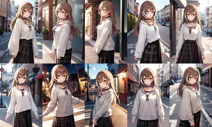 masterpiece, best quality, highres, bbmumei, long hair, multicolored hair, jewelry, earrings, shirt, hoodie, long sleeves, plaid, black choker, black skirt, long skirt, <lora:nanashi_mumei_v1:0.9>, cowboy shot, standing, street, arms at sides,