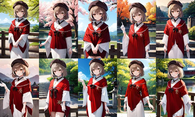 masterpiece, best quality, highres, bbmumei, short hair, multicolored hair, braid, hat, beret, japanese clothes, white kimono, print kimono, floral print, shawl, ribbon, white gloves, lace gloves, wide sleeves, <lora:nanashi_mumei_v1:0.9>, outdoor, standing, cowboy shot, smile, arms at sides, straight-on,