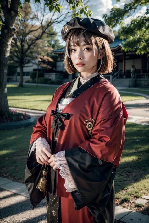 (realistic:1.3), finely detailed, quality, rembrandt lighting, (masterpiece:1.2), (photorealistic:1.2), (best quality), (detailed skin:1.3), (intricate details), dramatic, ray tracing, 1girl, bbmumei, short hair, multicolored hair, braid, hat, beret, japanese clothes, white kimono, print kimono, floral print, shawl with lace trim, ribbon, white gloves, lace gloves, wide sleeves, (park, sun, clouds, flower bush, trees), <lora:nanashi_mumei_v1:0.9>