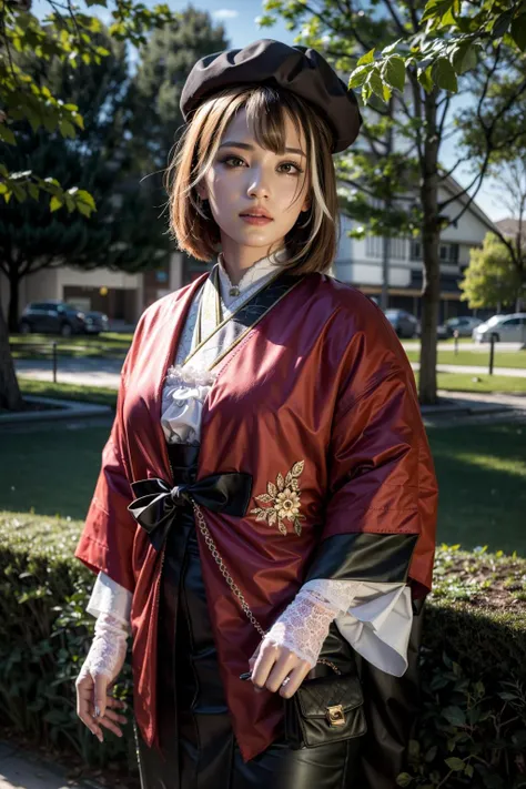 (realistic:1.3), finely detailed, quality, rembrandt lighting, (masterpiece:1.2), (photorealistic:1.2), (best quality), (detailed skin:1.3), (intricate details), dramatic, ray tracing, 1girl, bbmumei, short hair, multicolored hair, braid, hat, beret, japanese clothes, white kimono, print kimono, floral print, shawl with lace trim, ribbon, white gloves, lace gloves, wide sleeves, (park, sun, clouds, flower bush, trees), <lora:nanashi_mumei_v1:0.9>