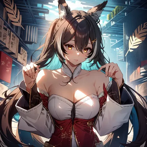 (masterpiece, best quality), intricate details,(fractal art:1.2),
<lyco:GoodHands-beta2:1>
1girl, <lora:nanashi_mumei_v1:0.8> aamumei, very long hair, ponytail, ahoge, multicolored hair, feather hair ornament, hairclip,
<lora:Ahri_Cosplay:0.8> Ahri_Cosplay, White Tails,confused, paw pose,
