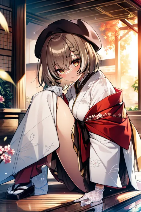 (masterpiece, best quality), intricate details,(fractal art:1.2),
<lyco:GoodHands-beta2:0.8>
1girl,
<lora:nanashi_mumei_v1:0.8> bbmumei, short hair, multicolored hair, braid, hat, beret, japanese clothes, white kimono, print kimono, floral print, shawl, ribbon, white gloves, lace gloves, wide sleeves,
<lora:39_KneesToChest:0.8>sitting, knees to chest, breast press, hugging own legs, medium breasts, from side,